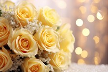 Yellow Roses Bouquet And Pearls, Champagne On Abstract Blur Pastel Background. Wedding Flowers And Bright Bokeh Glitter Backdrop