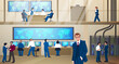 © SpicyTruffel - Control room. Military command center. Mission management. Employees in security operation office. Work team. Electronic technology equipment. Servers and computers. Vector illustration
