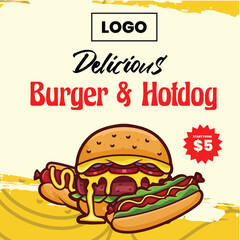 Wall Mural - template design of Fast food menu with burger and hotdog vector