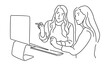 line art of two coworkers discussing work on screen