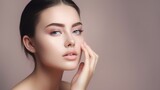 Fototapeta Tulipany - Beautiful young woman with clean fresh skin. Facial treatment. Cosmetology, beauty and spa. Generative AI.