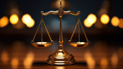 Wall Mural - Shiny golden balanced scale on a table as concept justice and fairness 