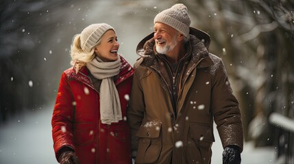 Wall Mural - elderly couple enjoying a winter walk - created using generative AI tools