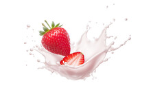 Milk Or Yogurt Splash With Strawberries Isolated On White Background, 3d Rendering Isolated PNG