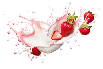 Sticker - Milk or yogurt splash with strawberries isolated on white background, 3d rendering isolated PNG