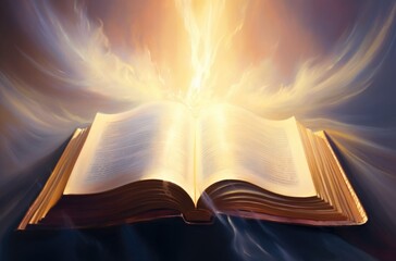 Open bible on a dark background with rays of light and smoke.