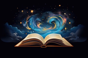 Wall Mural - Illustration of bible with fire and stars on dark background.