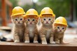 © Iftikhar alam - Group of cute little kittens in safety helmets on a construction site background, A group of small kittens wearing construction hats, AI Generated