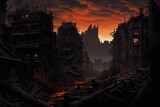 Fototapeta Paryż - Ruins of a city at sunset. 3d rendering. Computer digital drawing. A haunting image of a once vibrant cityscape transformed into a nightmarish, decaying hellscape, AI Generated
