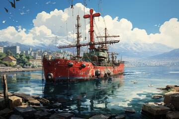 Aufkleber - An anchor integrated into a city skyline, connecting the urban landscape with maritime roots. Painted Generative AI technology.