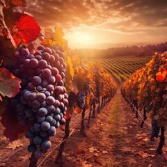 Wall Mural - Vineyards at sunset in autumn harvest. Ripe grapes in fall. Generative ai