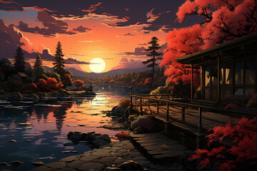 Aufkleber - An image of a wooden deck overlooking a tranquil lake, bathed in the warm hues of a breathtaking sunset. Generative AI technology.