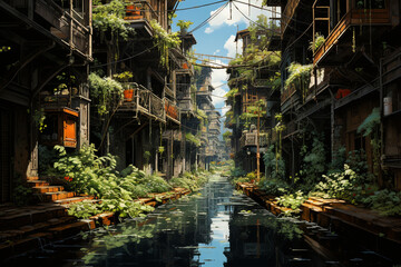 Aufkleber - An image of a contemporary hanging garden in an urban setting, bringing nature into the heart of a bustling cityscape. Generative AI technology.