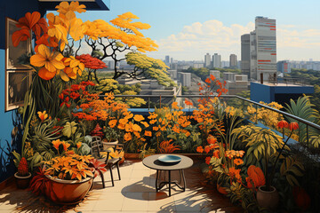 Poster - An image of a rooftop hanging garden in a modern skyscraper, providing a serene escape amidst the concrete jungle.  Generative AI technology.