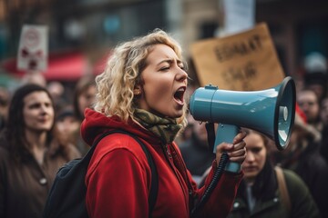 Wall Mural - young activist holding a megaphone speaking to the crowd