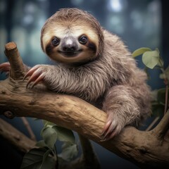 Wall Mural - Cute sloth hanging on tree branch with funny face look,  wild animal. Generative ai
