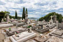 Cavtat, Croatia 07-26-2023 The Historical Cementary Of The Fishing Village Of Cavtat Near Dubrovnik With The Family Racic's Mausoleum On Top Of The Hill