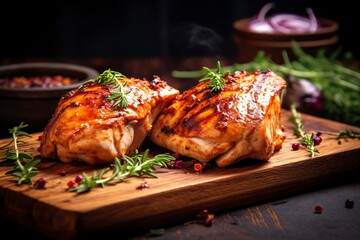 Closeup of tasty roast chicken breast served on wooden board. Grilled chicken. 