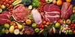 Different types of meats, vegetables, and fruits lay in supermarkets. 