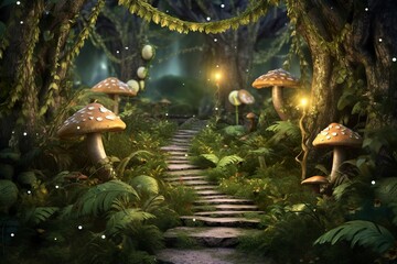 Wall Mural - background fairy wood with a single path, zoom on a small portion of the path and add trees, moss, fireflies and mushrooms as additional decorations. AI Generative