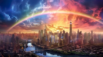 rainbo sky over futuristic city. generative ai
