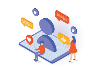 Social media concept in 3d isometric design. People networking, registarate and manage new online profile, chatting and likes friends posts. Vector illustration with isometry scene for web graphic