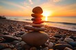 pebbles stacked on the beach with sunset in the background. AI Generative