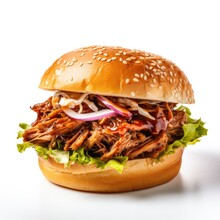Pulled Pork Sandwich On Plain White Background - Product Photography