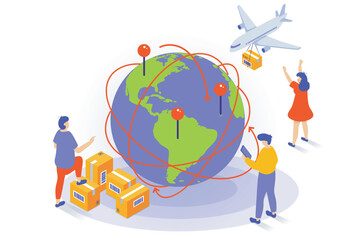 Aufkleber - Transportation and logistics concept in 3d isometric design. People work in global delivery company with air freight, export and import service. Vector illustration with isometry scene for web graphic