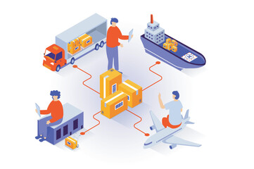 Aufkleber - Transportation and logistics concept in 3d isometric design. People working in global delivery company with developed shipping infrastructure. Vector illustration with isometry scene for web graphic