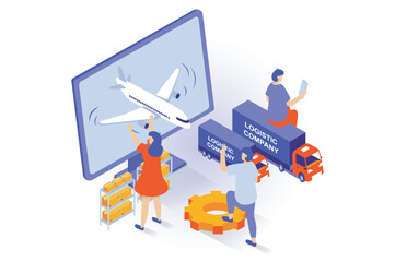 Poster - Transportation and logistics concept in 3d isometric design. People work in delivery company with commercial shipping by airplane and trucks. Vector illustration with isometry scene for web graphic