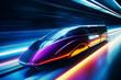 A picture of a futuristic train moving at high speed in a neon-lit tunnel.
