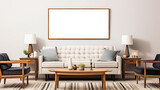 Fototapeta Panele - Horizontal picture frame mockup in modern living room interior, blank copyspace, light tones, wall art mock-up. Generative AI