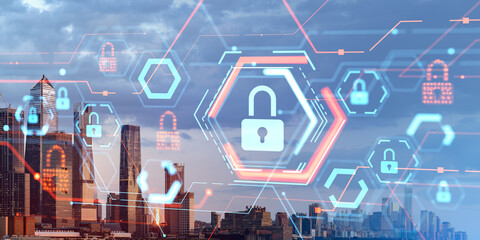 New York cityscape and cybersecurity, data protection and business security