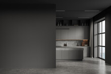 Grey Kitchen Interior With Bar Countertop And Panoramic Window. Mockup Wall