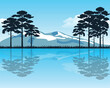 Vector illustration of the distant mountains and wood ashore lake
