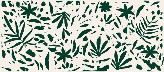 Monochromatic vector background with scattered abstract dark green leaves, flowers and other botanical elements. Random cutout tropical foliage collage, ornamental texture, cute decorative pattern