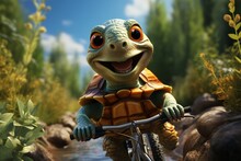 Turtle Cyclist. A Cheerful Little Turtle Rides A Bicycle. 3D Rendering Of A Monster Riding A Bike On A Road . 3d Render Illustration.