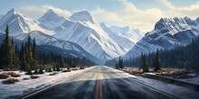 AI Generated. AI Generative. Winter Snow Beautiful Road Highway Mountains Landscape Background Adventure Road Trip. Can Be Used For Polar Alaska Tour Promotion 