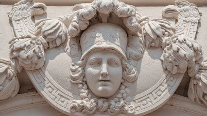 Canvas Print - Potsdam, Germany - View of bas relief sculptures of a royal woman in the historical downtown in Potsdam, as the keystone at the top of the gate, details, closeup