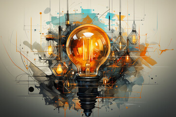 Aufkleber - An abstract image of a light bulb created with geometric shapes and lines is a popular trend. Painted  Generative AI technology.