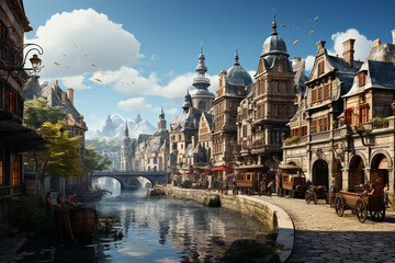 Poster - An image of a horse-drawn carriage trotting through a charming European city, bridging the past and present.  Generative AI technology.