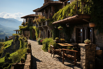 Poster - A photograph of a Georgian winery nestled in the picturesque Kakheti region, highlighting the country's rich winemaking traditions.  Generative AI technology.