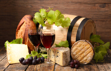 Wall Mural - red wine glasses, cheese and bread composition