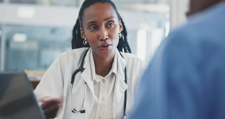 Wall Mural - Doctor, laptop and discussion with nurse on report, medical project or healthcare research and teamwork in medicine. Nursing, surgeon or African team in hospital with feedback, advice or conversation