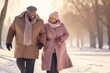 Overweighted best agers enjoying a winter walk. Senior couple walking in a snowy park.Happiness of being outdoors and having mobility. Elder in togetherness, tenderness.