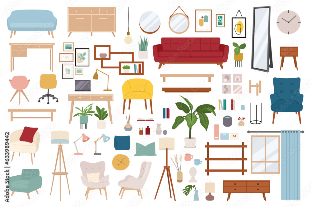 Living room furniture big set of 70+ elements interior in flat style ...
