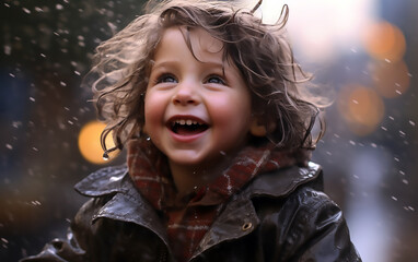 Wall Mural - Happy child walking in rain.