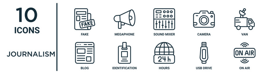 journalism outline icon set such as thin line fake, sound mixer, van, identification, usb drive, on air, blog icons for report, presentation, diagram, web design