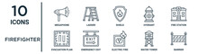 Firefighter Outline Icon Set Such As Thin Line Megaphone, Shield, Fire Station, Emergency Exit, Water Tower, Barrier, Evacuation Plan Icons For Report, Presentation, Diagram, Web Design